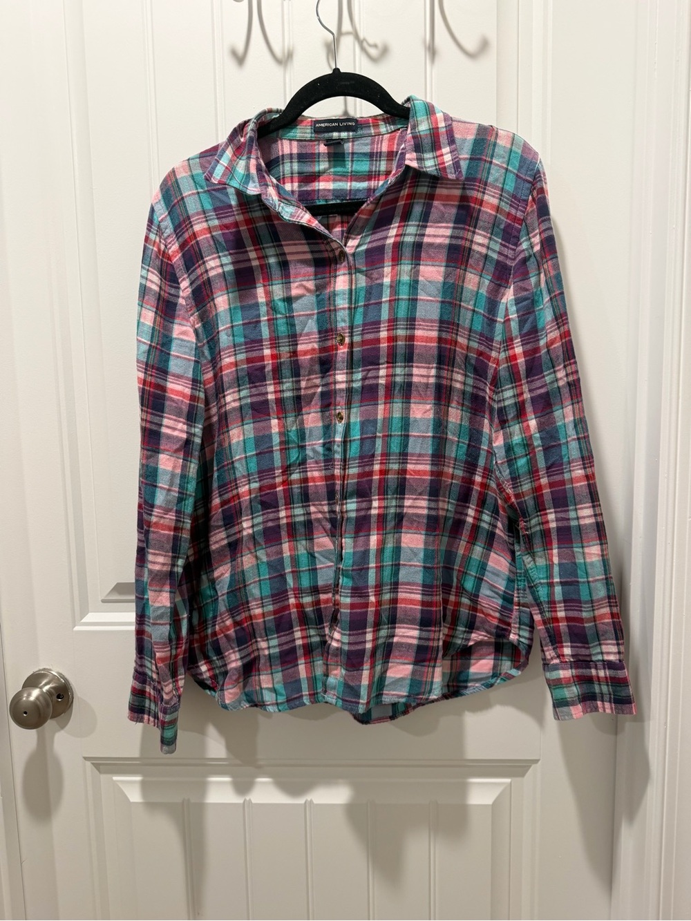 American Living Plaid Button-Down Shirt in Pink & Teal